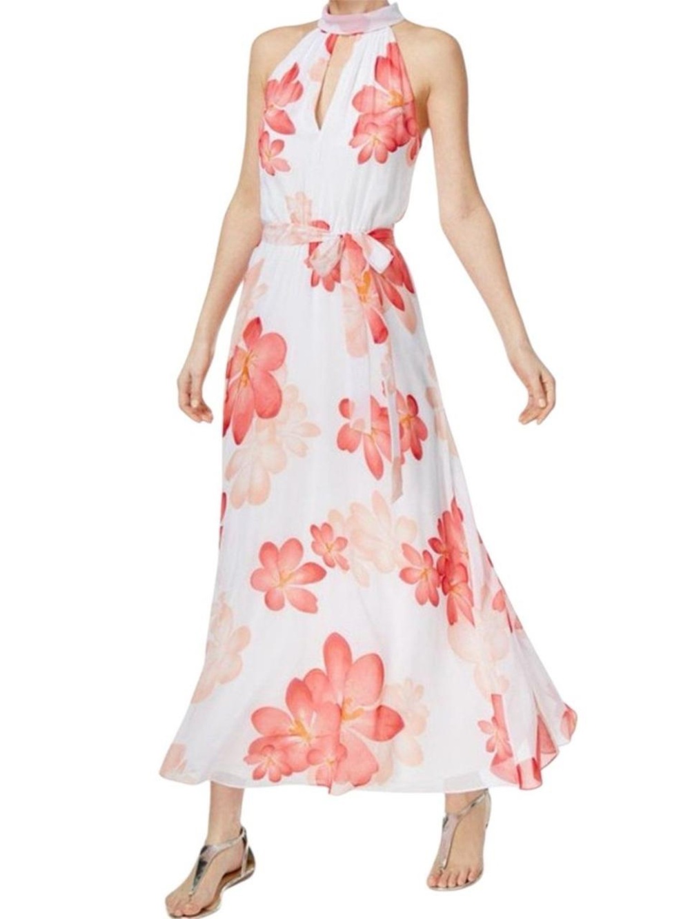 CALVIN KLEIN Halter Maxi Dress Sz 6 White Watermelon Floral Printed Tie Waist